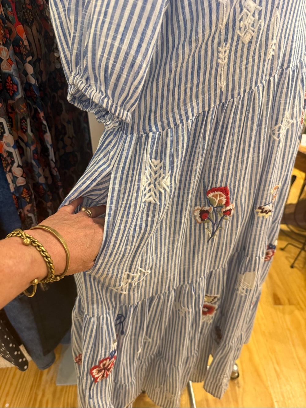 Kyla Seo Blue Striped Embroidered Maxi Dress - Puff Sleeve - Picture 5 of 11